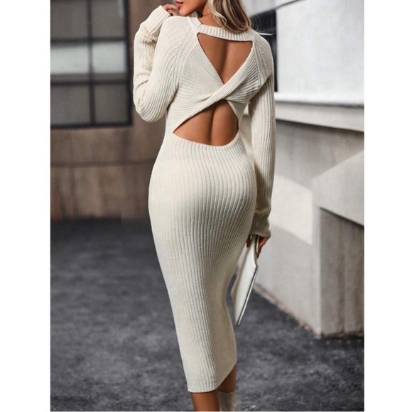 Ribbed Knit Twist Back Bodycon Sweaterdress